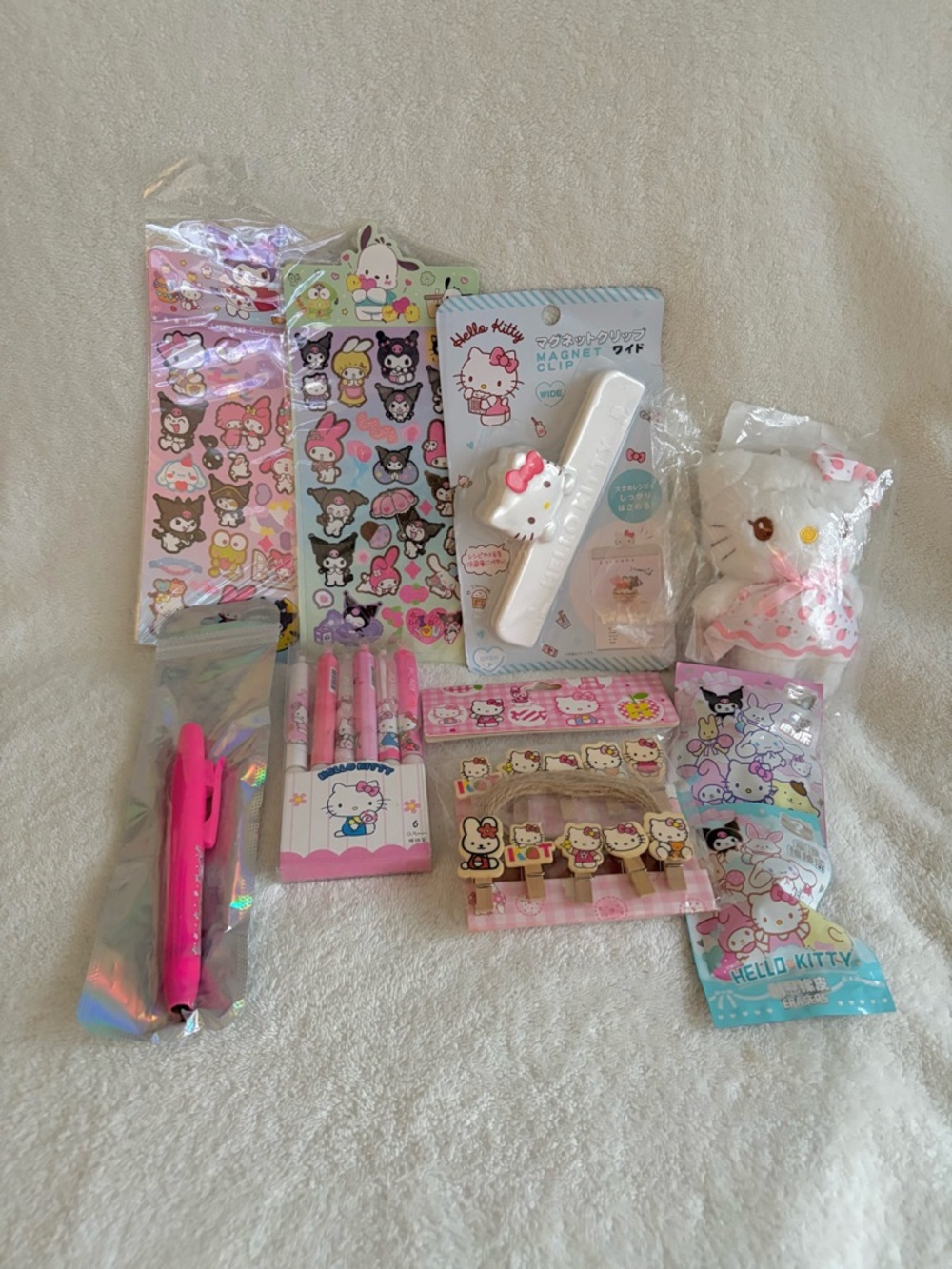 Hello Kitty Bundle #3C - Bag Charm, Pens, Photo Clips, Stickers & More